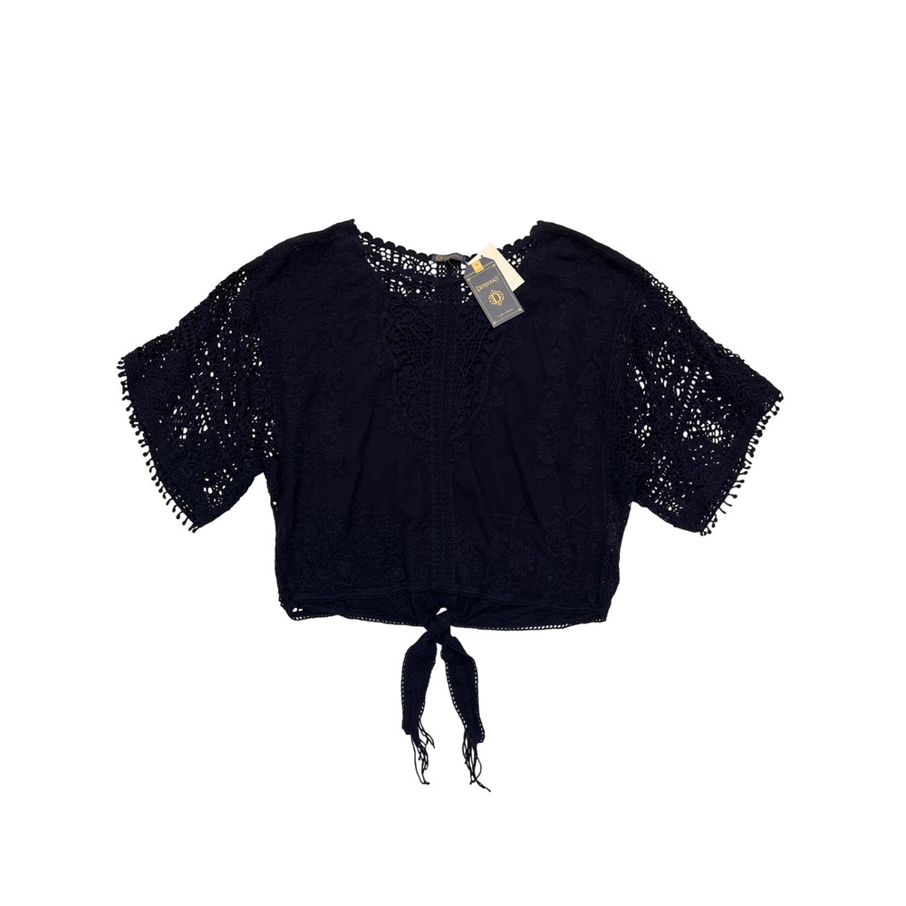 Democracy Navy Blue Bohemian Crochet Lace Overlay Tie Front Top NWT Size XS